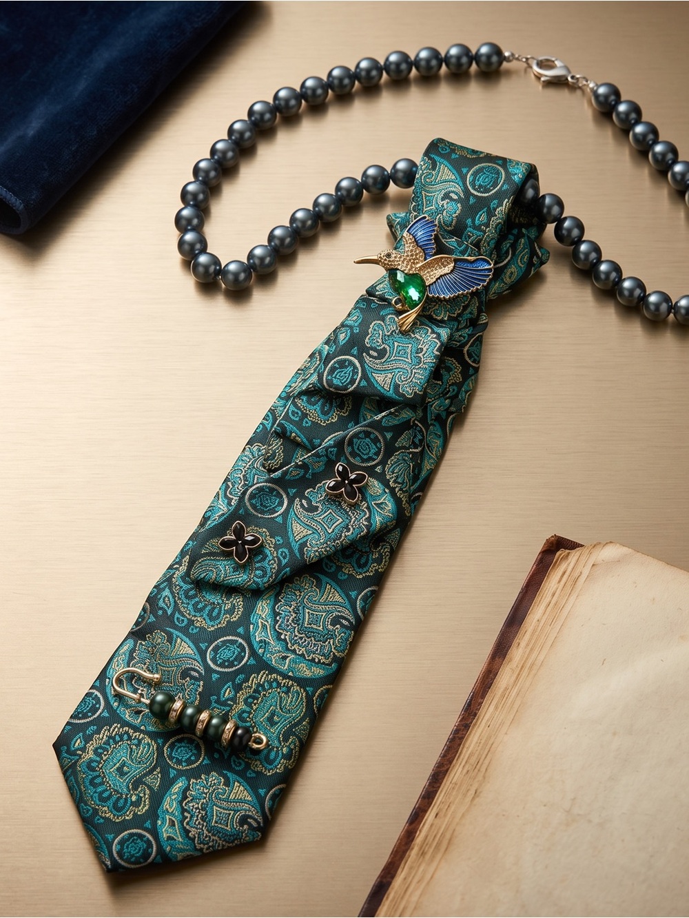Unique Necklace Necktie w/gray pearls  Paisley Silk Tie, Bird Pin. Wearable Art